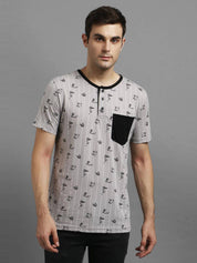 KOTTY  Men Printed Round Neck Cotton Blend Grey T-Shirt