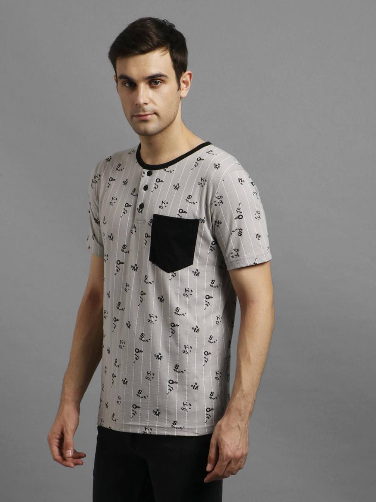 KOTTY  Men Printed Round Neck Cotton Blend Grey T-Shirt