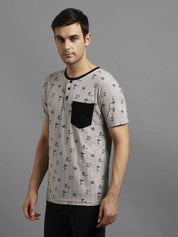 KOTTY  Men Printed Round Neck Cotton Blend Grey T-Shirt