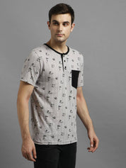 KOTTY  Men Printed Round Neck Cotton Blend Grey T-Shirt
