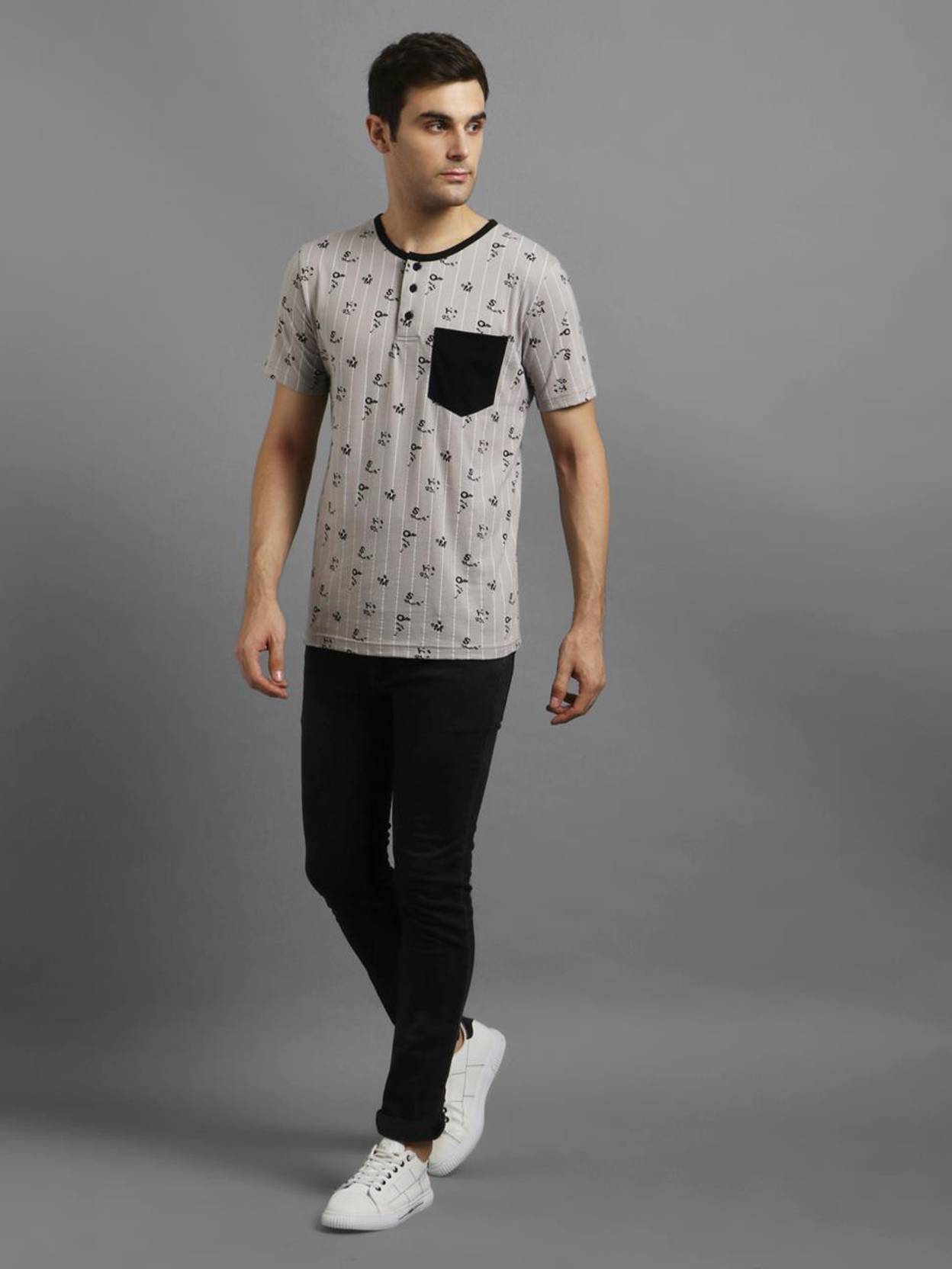 KOTTY  Men Printed Round Neck Cotton Blend Grey T-Shirt