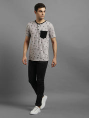 KOTTY  Men Printed Round Neck Cotton Blend Grey T-Shirt