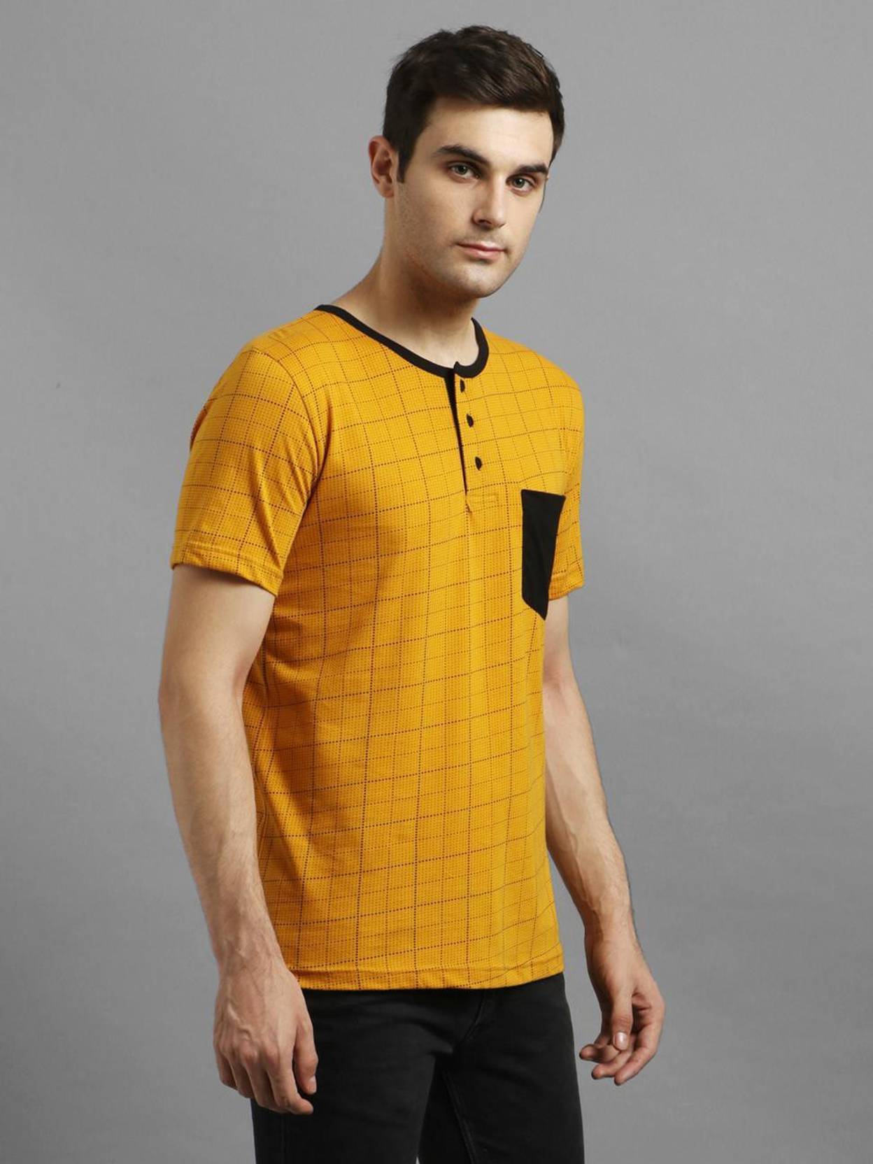 KOTTY  Men Printed Round Neck Cotton Blend Yellow T-Shirt
