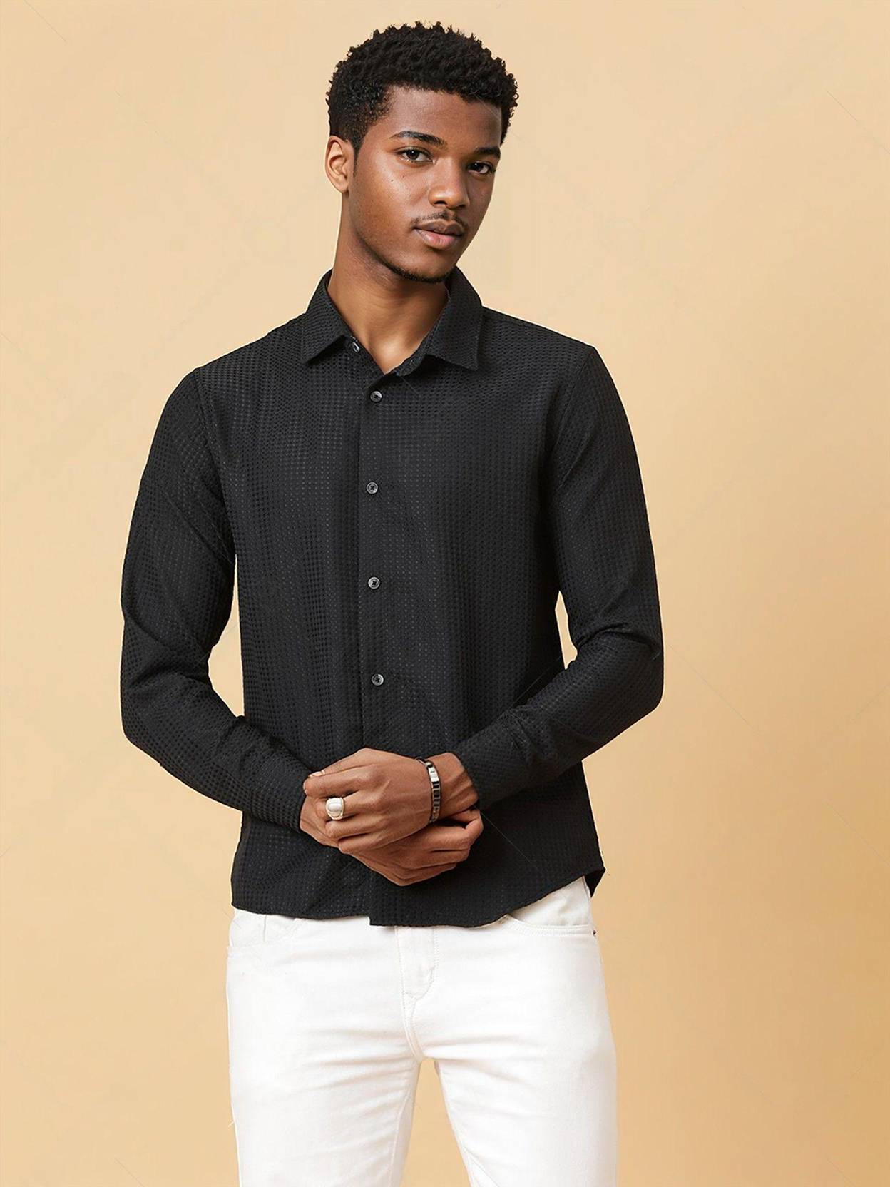 KOTTY  Men Regular Fit Self Design Spread Collar Casual Shirt