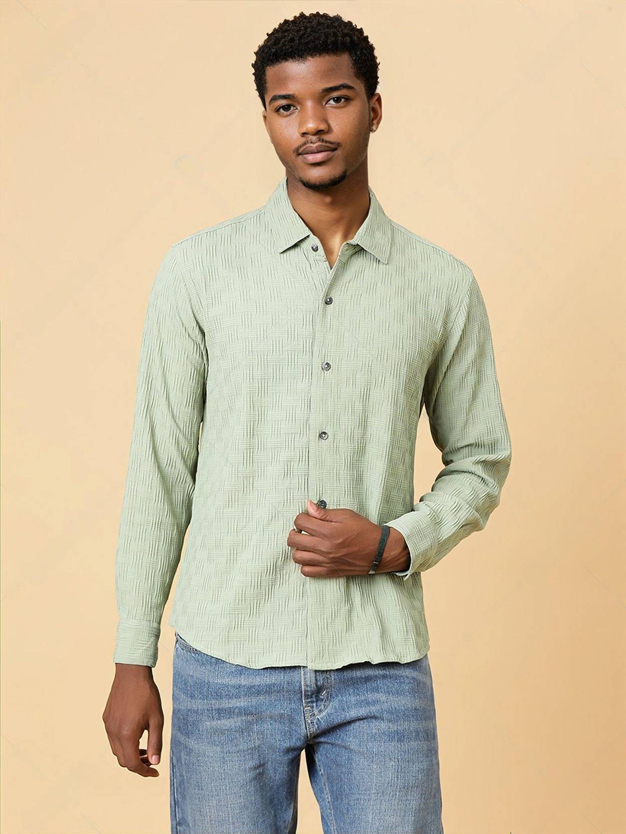 KOTTY  Men Regular Fit Self Design Spread Collar Casual Shirt