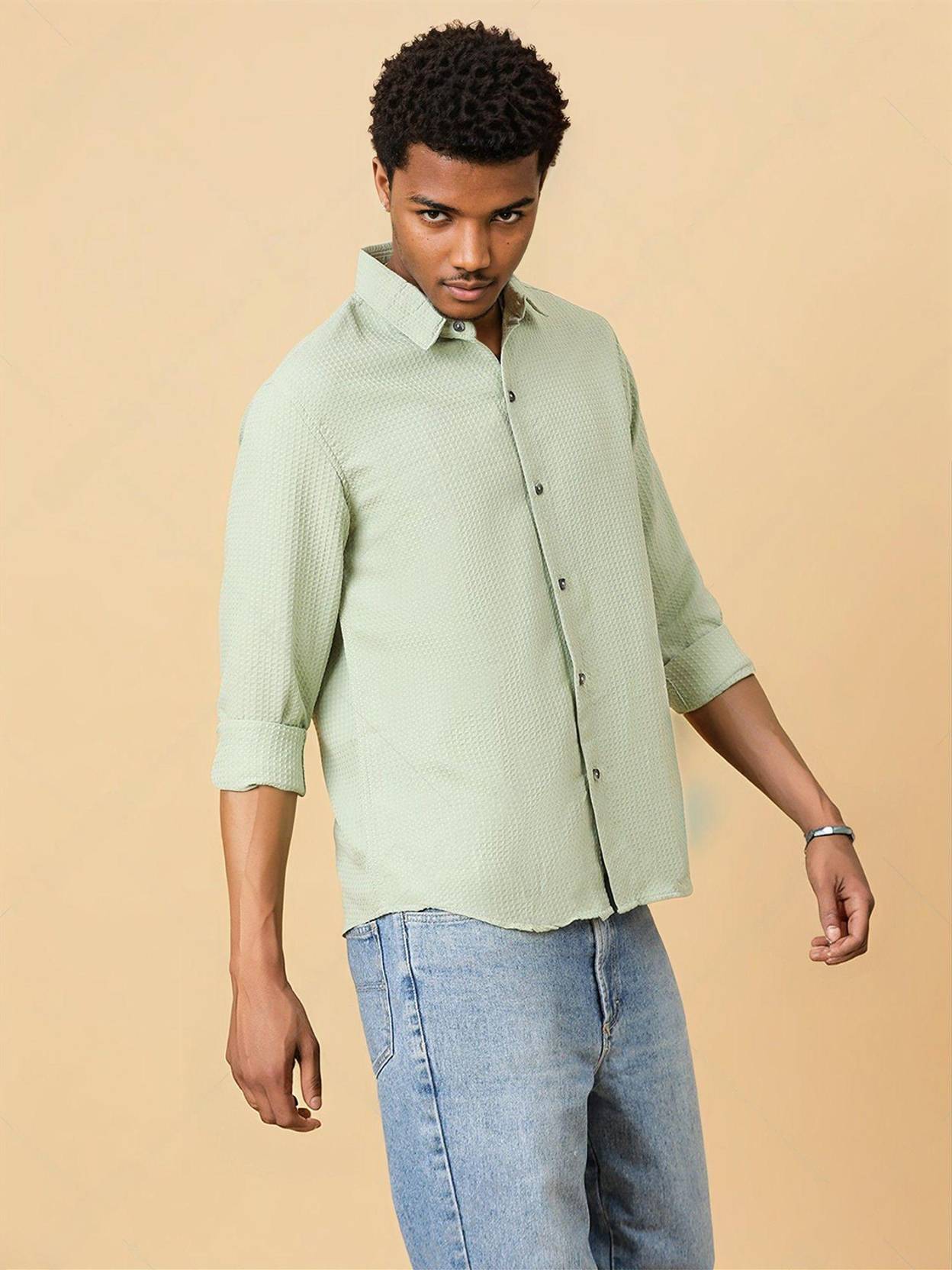 KOTTY  Men Regular Fit Self Design Spread Collar Casual Shirt