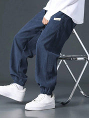 KOTTY  Men Relaxed Blue Corduroy Trousers