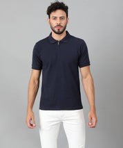 KOTTY  Men Solid Polo Neck Cotton Blend Navy Blue T-Shirt