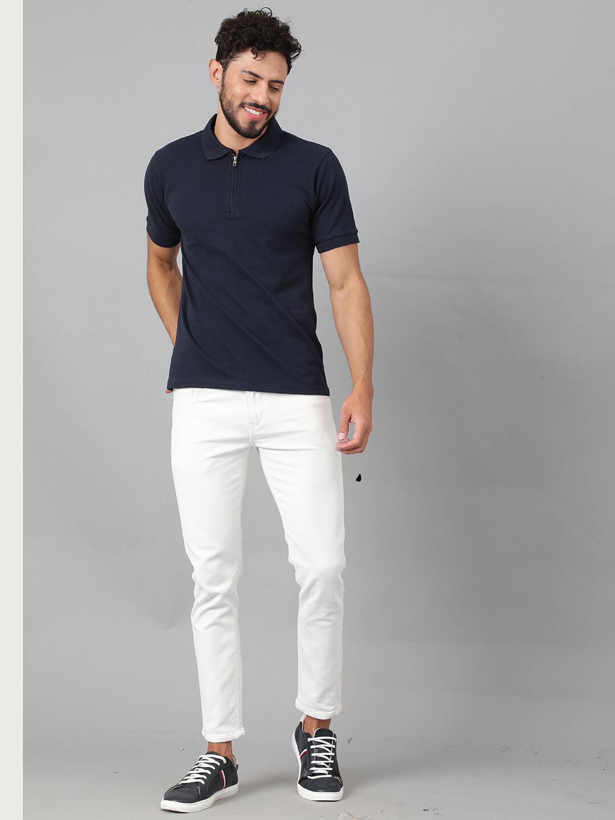 KOTTY  Men Solid Polo Neck Cotton Blend Navy Blue T-Shirt