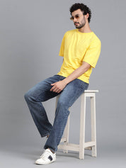 KOTTY  Men Solid Round Neck Cotton Blend Yellow T-Shirt