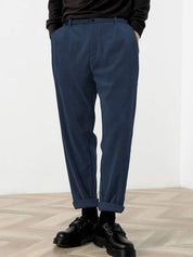 KOTTY  Men Straight Fit Blue Corduroy Trousers