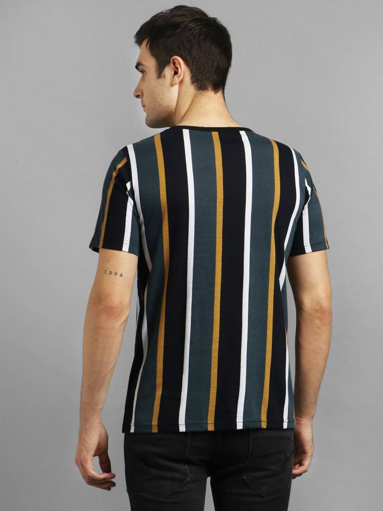 KOTTY  Men Striped Round Neck Cotton Blend Black T-Shirt
