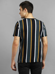 KOTTY  Men Striped Round Neck Cotton Blend Black T-Shirt