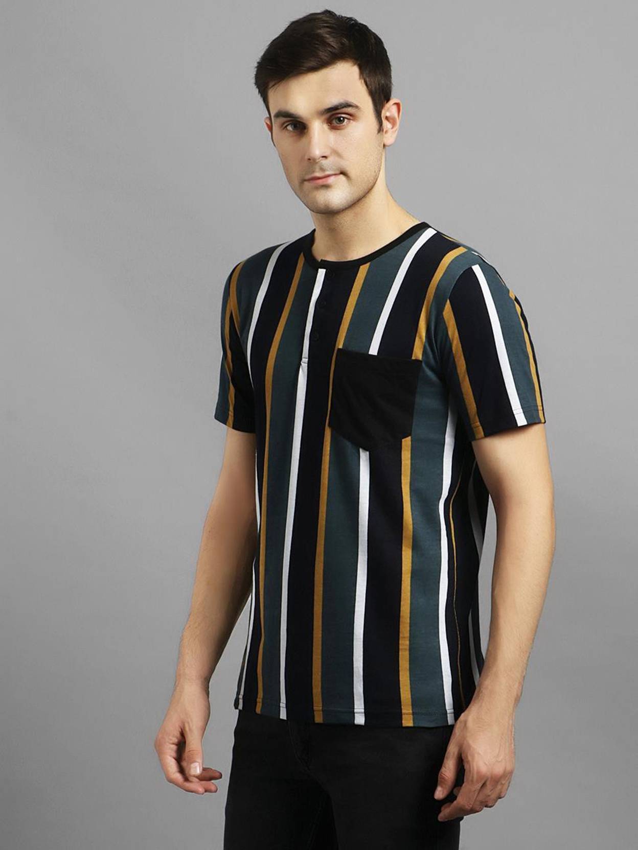 KOTTY  Men Striped Round Neck Cotton Blend Black T-Shirt