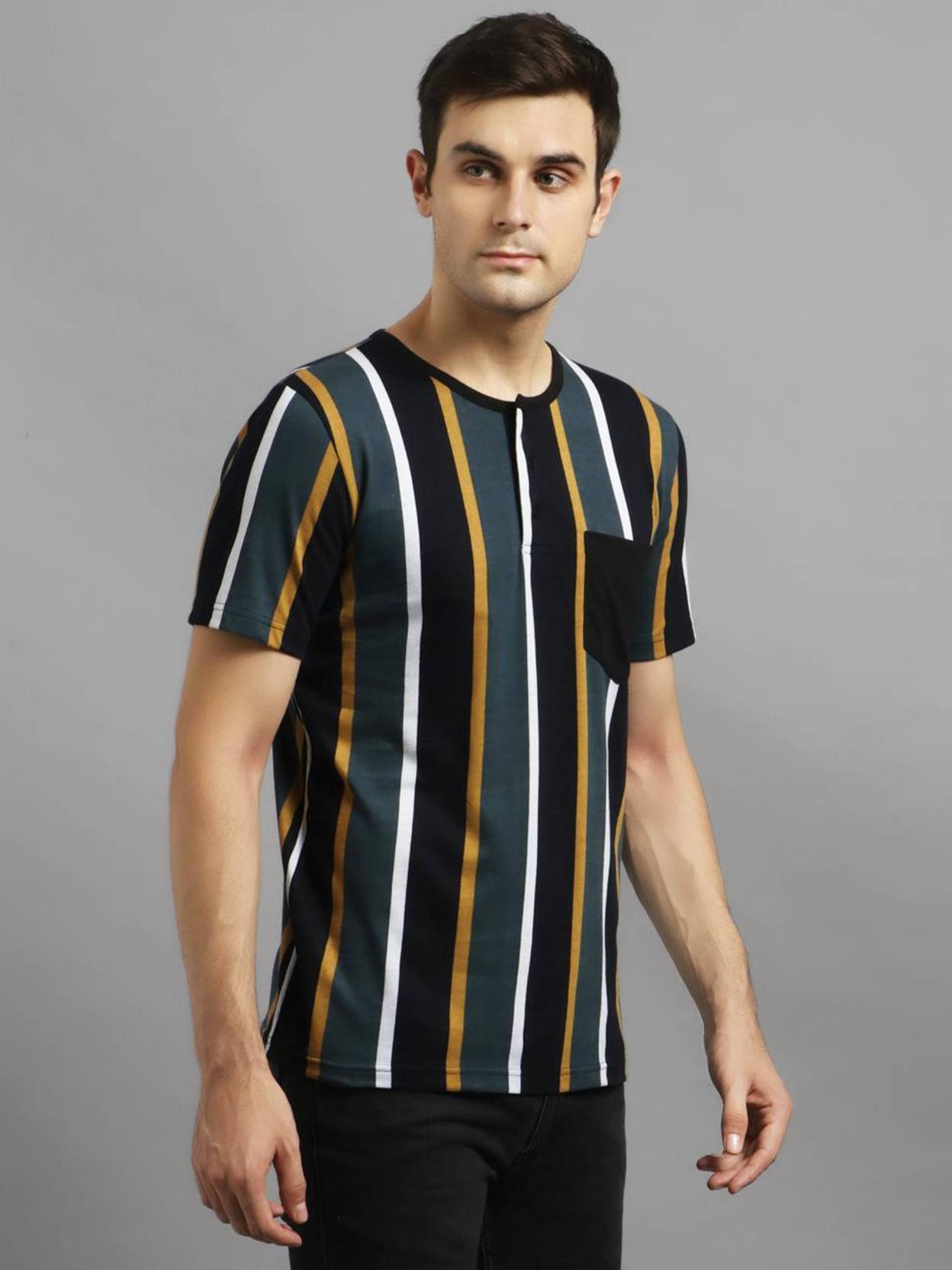 KOTTY  Men Striped Round Neck Cotton Blend Black T-Shirt