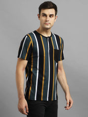 KOTTY  Men Striped Round Neck Cotton Blend Black T-Shirt
