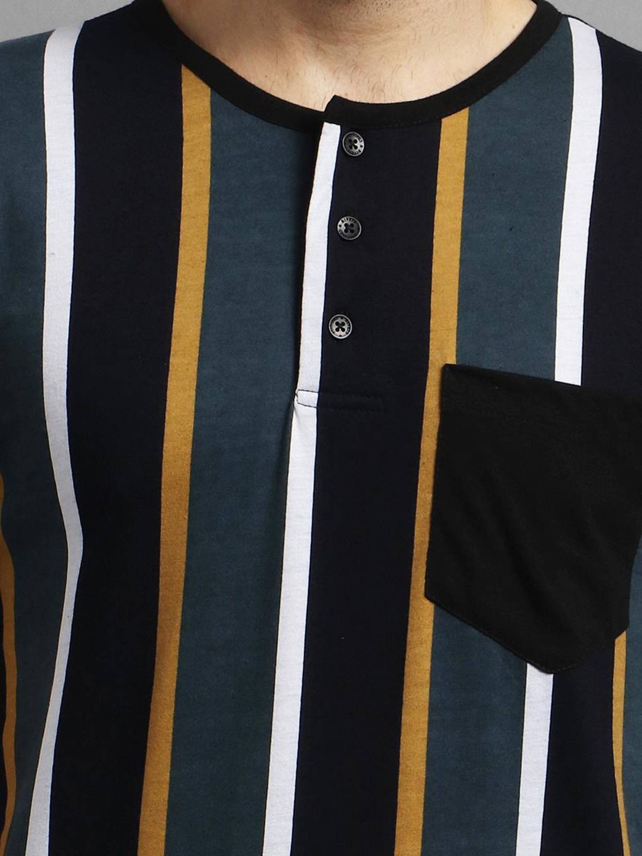 KOTTY  Men Striped Round Neck Cotton Blend Black T-Shirt