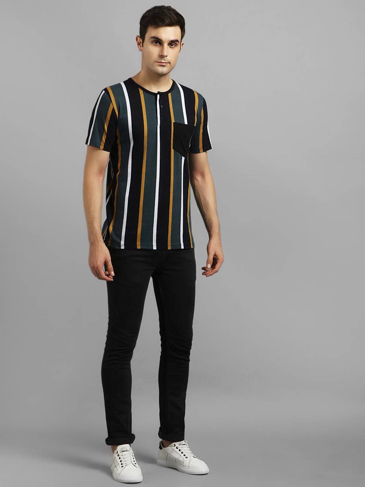 KOTTY  Men Striped Round Neck Cotton Blend Black T-Shirt