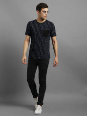 KOTTY  Men Striped Round Neck Cotton Blend Dark Blue T-Shirt