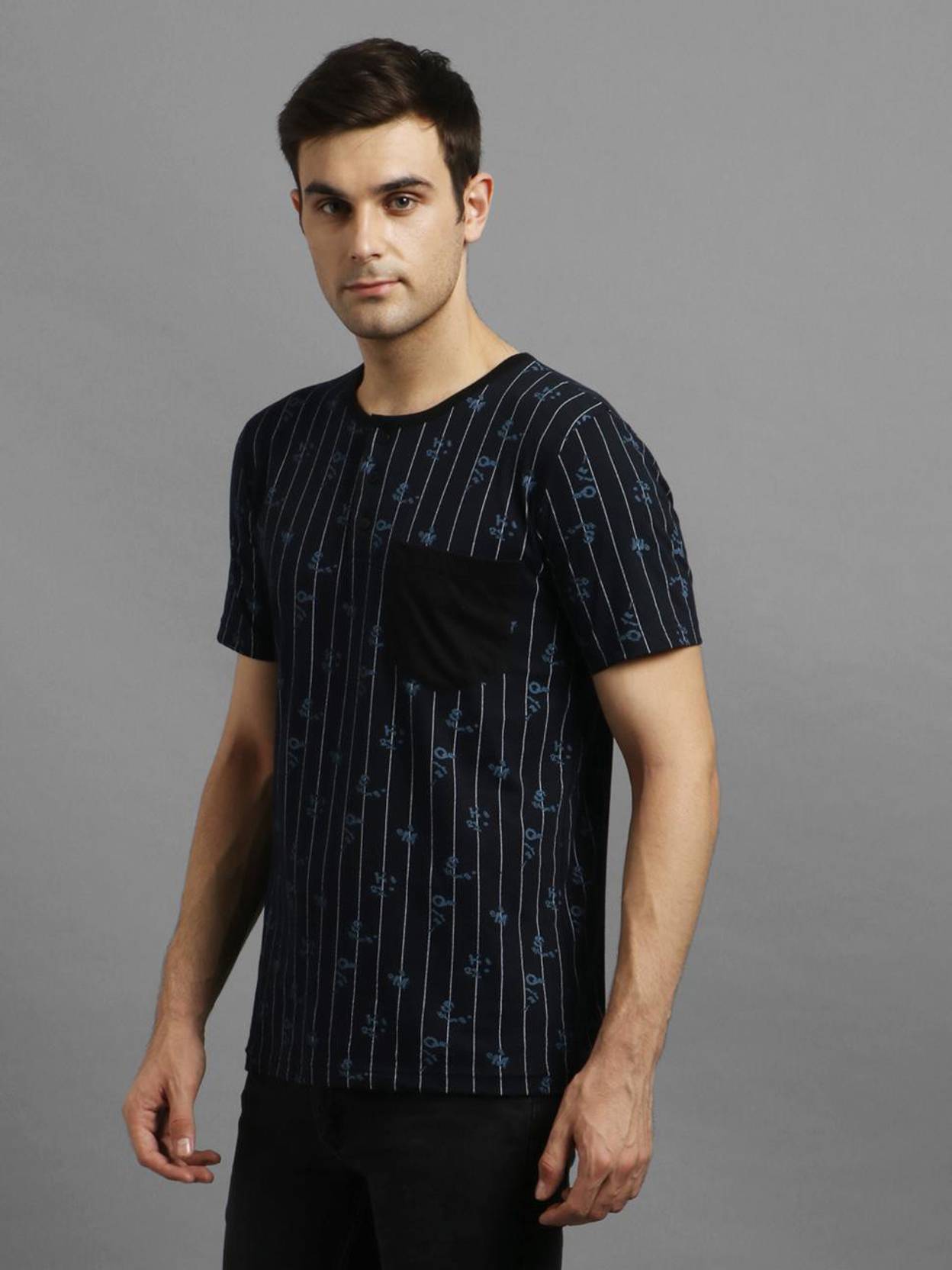 KOTTY  Men Striped Round Neck Cotton Blend Dark Blue T-Shirt