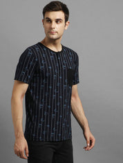 KOTTY  Men Striped Round Neck Cotton Blend Dark Blue T-Shirt