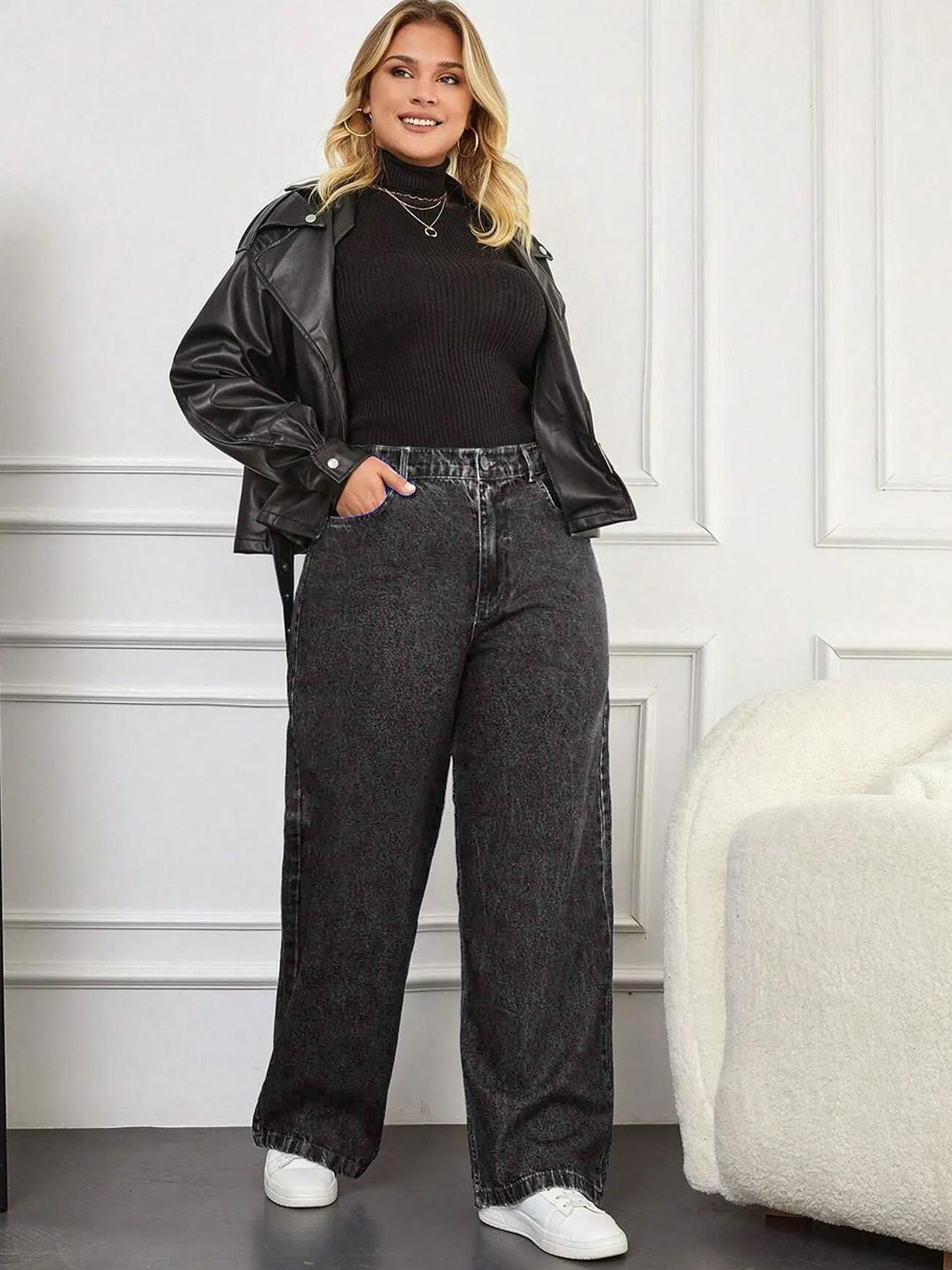 Kotty Women Wide Leg High-Rise No Fade Clean Look Non Stretchable Jeans