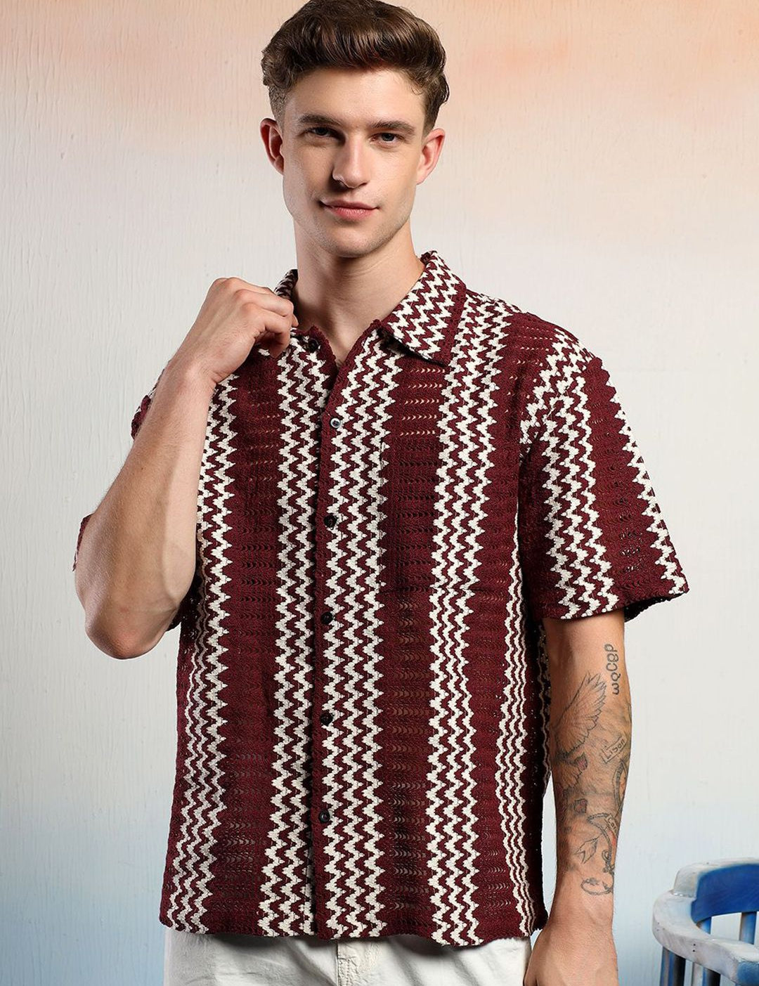 Kotty Men Vertical Stripes Self Design Cotton Sheer Casual Shirt