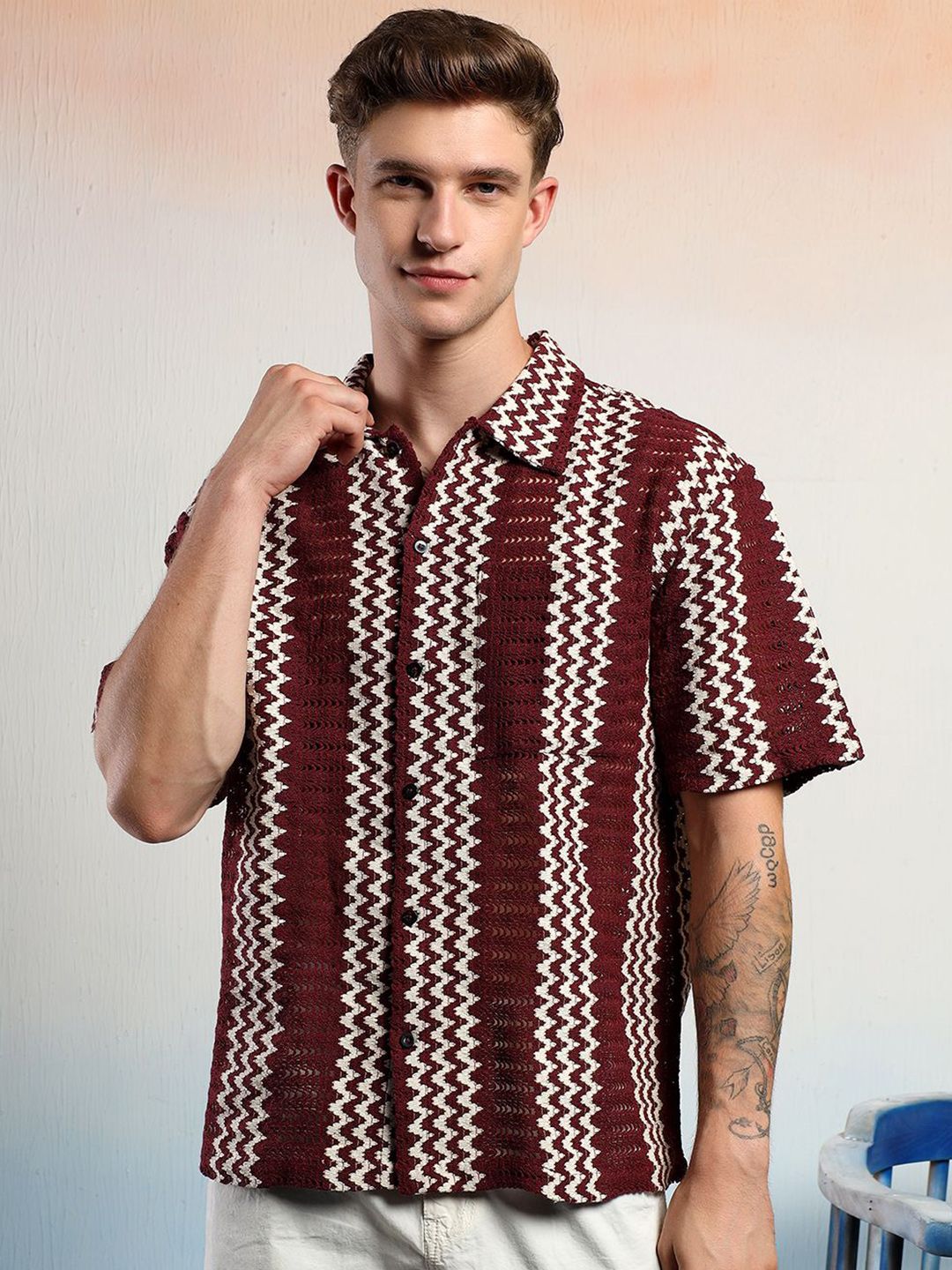 Kotty Men Vertical Stripes Self Design Cotton Sheer Casual Shirt