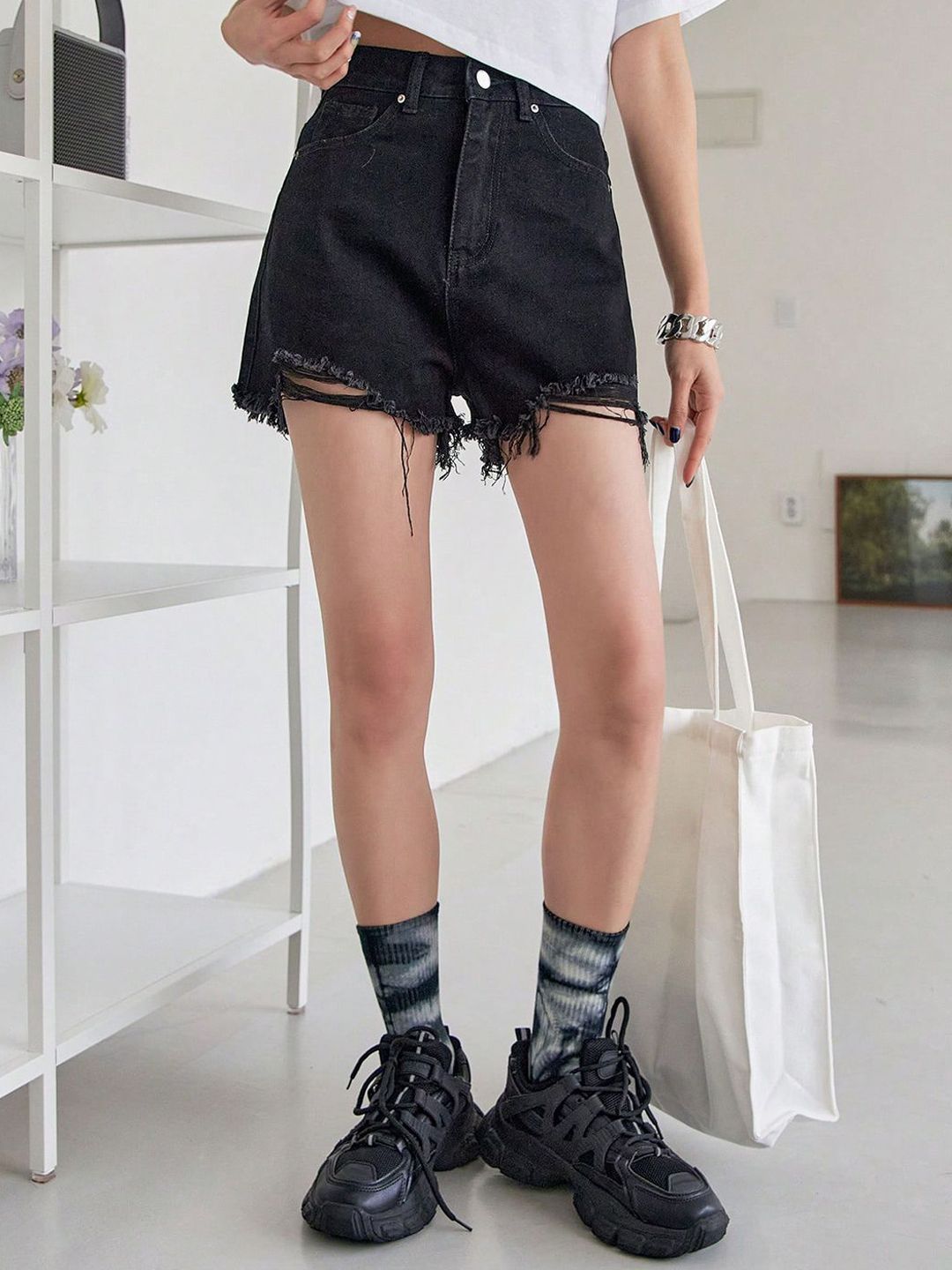 Kotty Women Solid High-Rise Cotton Denim Shorts