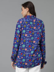 Kotty Women Spread Collar Abstract Printed Cotton Oversized Casual Shirt