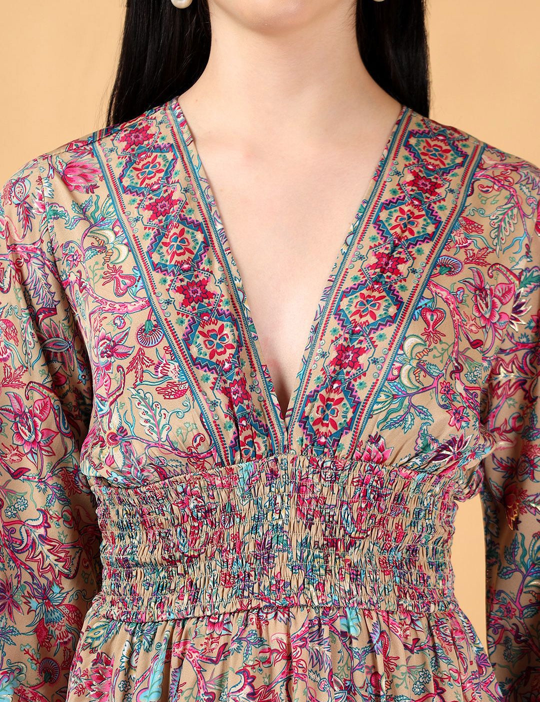 Kotty Printed V-Neck High-Low Hem Empire Midi Dress