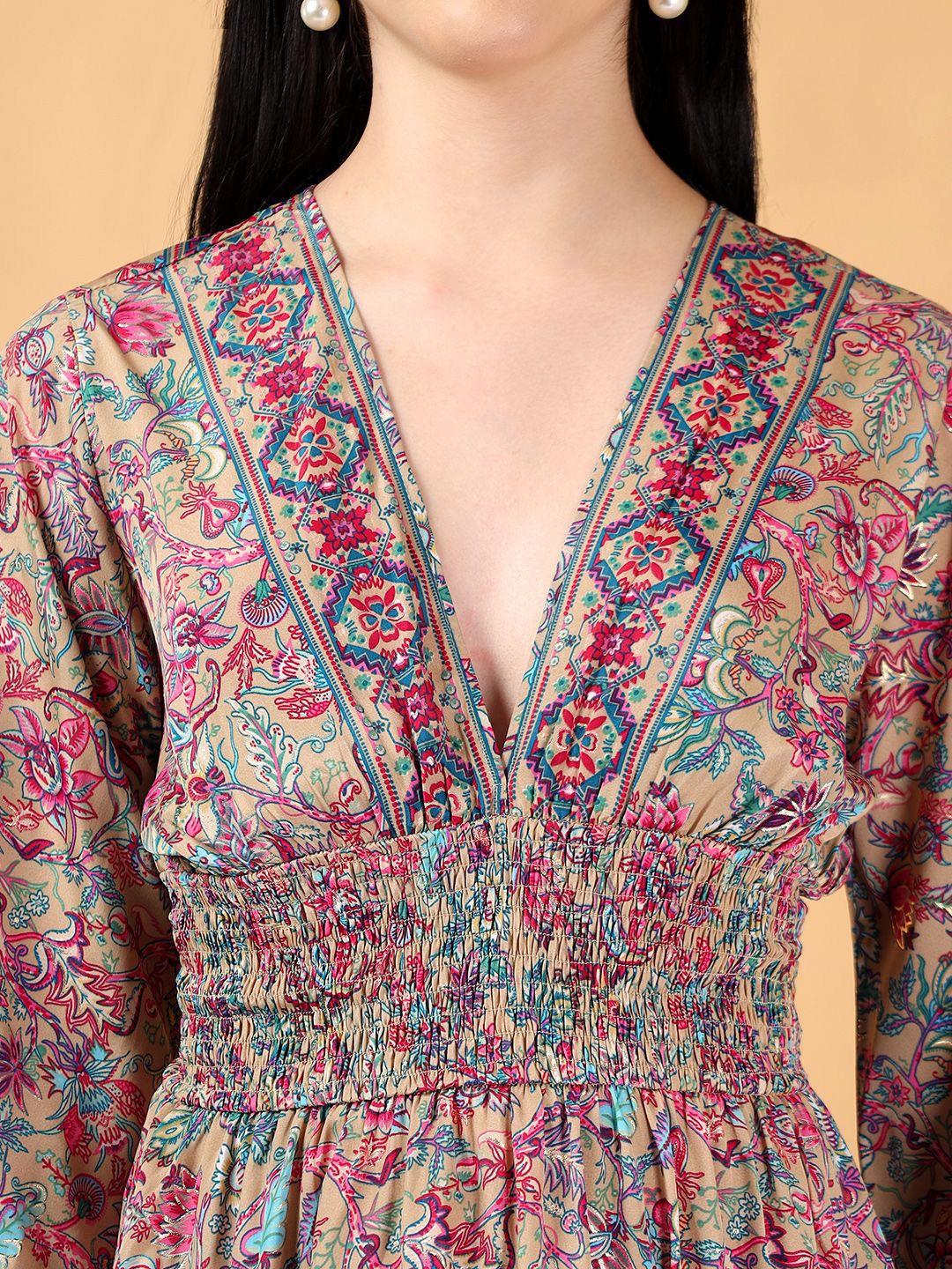 Kotty Printed V-Neck High-Low Hem Empire Midi Dress