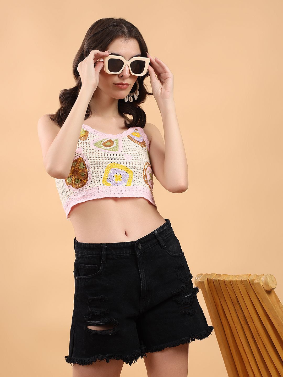 Kotty Embellished Print Cotton Crop Top