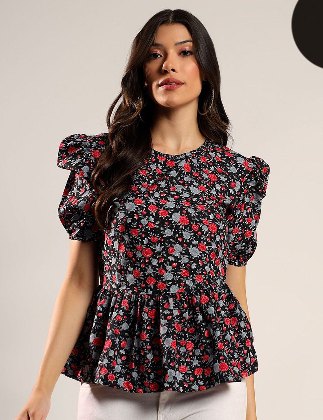 Kotty Women Floral Printed Puff Sleeve Peplum Top