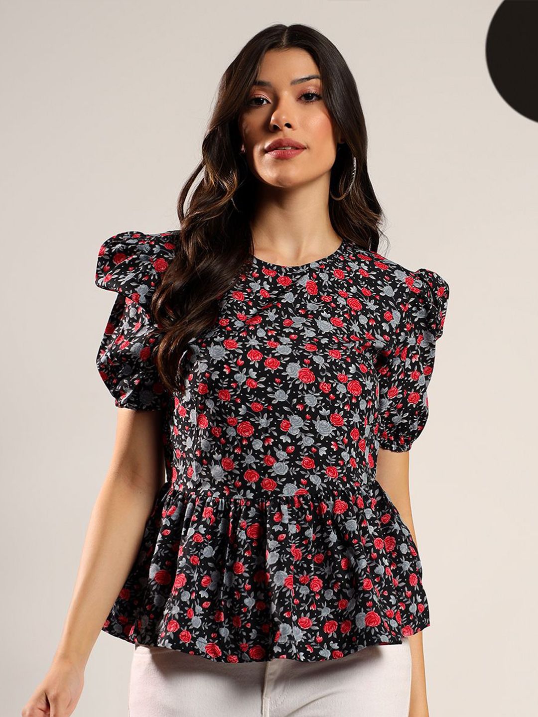 Kotty Women Floral Printed Puff Sleeve Peplum Top