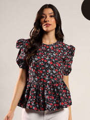 Kotty Women Floral Printed Puff Sleeve Peplum Top