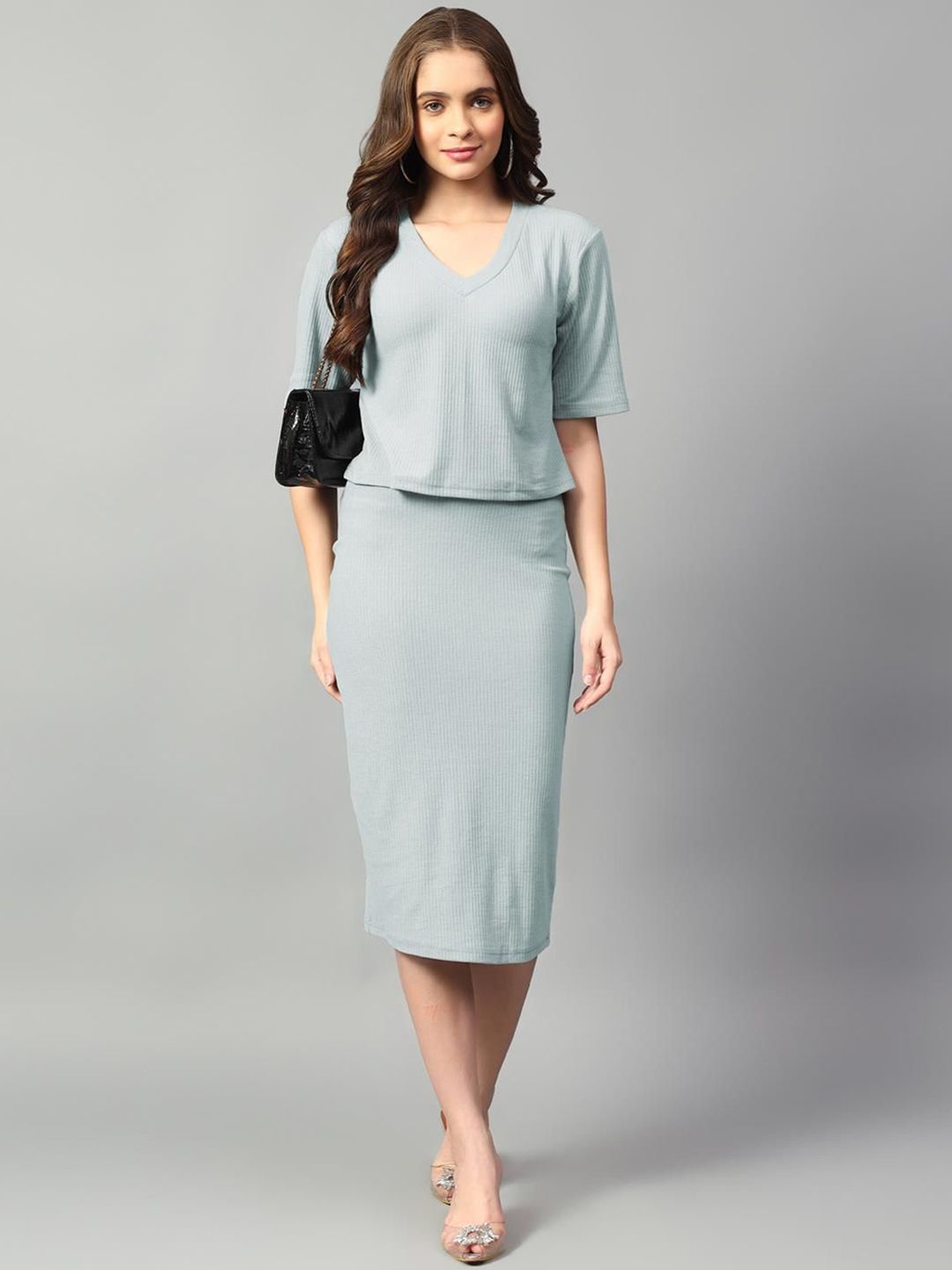 Kotty Green V-Neck Short Sleeves Top With Skirt 