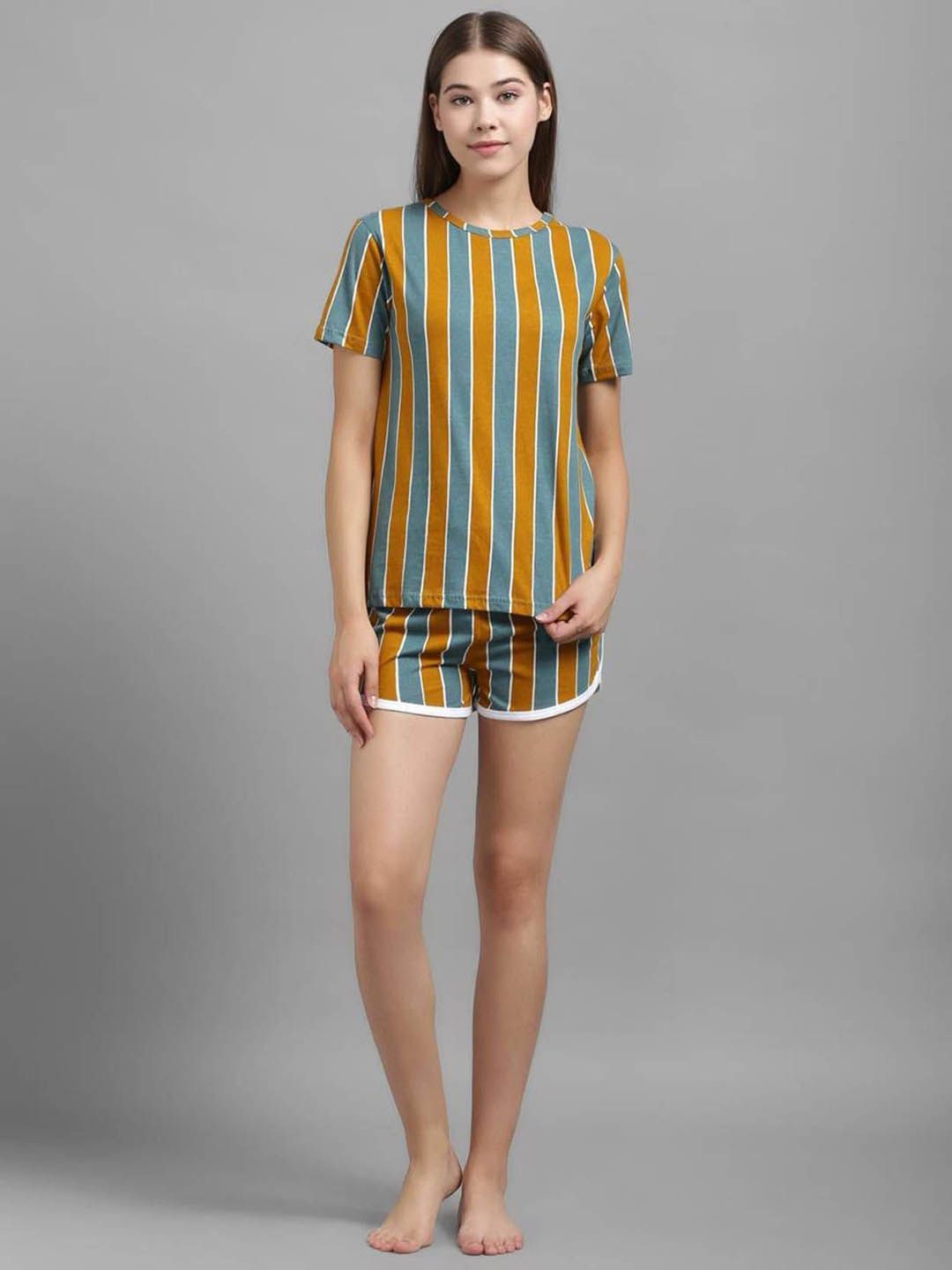 Kotty Women Striped Mid-Rise Cotton Lounge Shorts