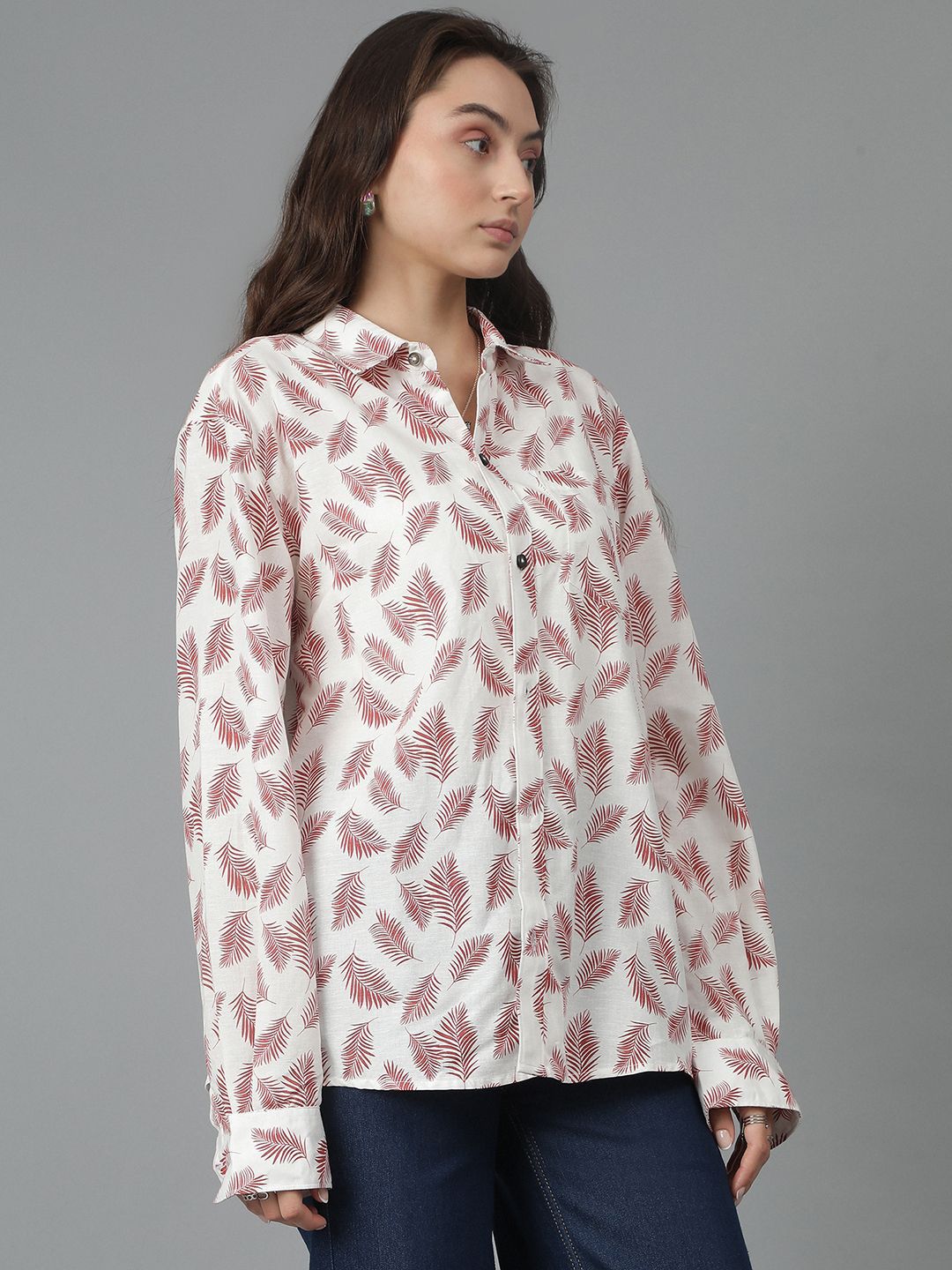 Kotty Women Spread Collar Floral Printed Cotton Oversized Casual Shirt