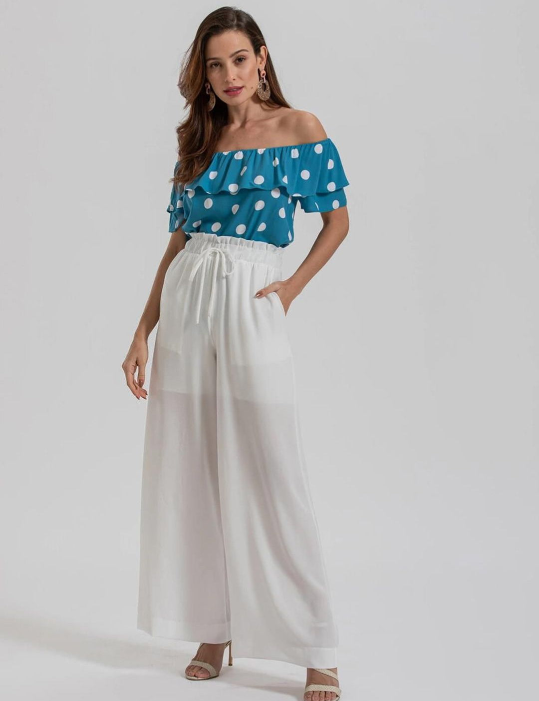 Kotty Polka Dot Printed Off-Shoulder Puff Sleeve Bardot Crop Top