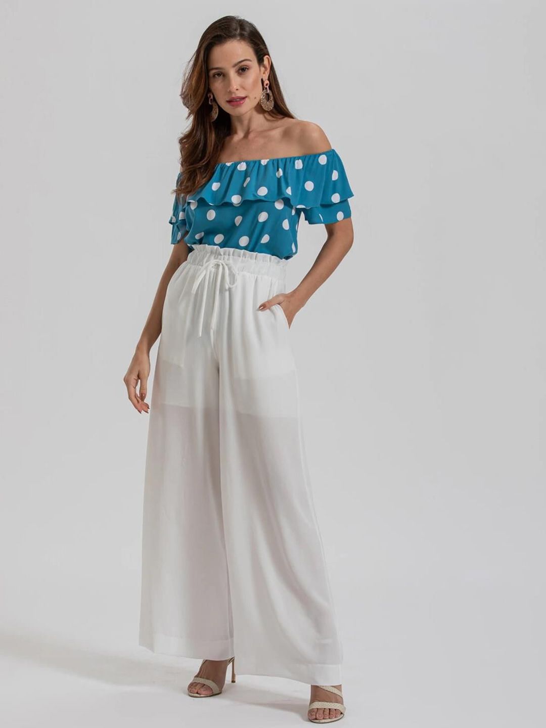 Kotty Polka Dot Printed Off-Shoulder Puff Sleeve Bardot Crop Top
