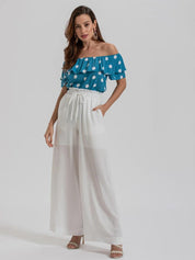Kotty Polka Dot Printed Off-Shoulder Puff Sleeve Bardot Crop Top