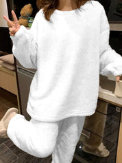 Kotty Women White Round Neck Long Sleeves Sweater & Trousers Co-Ords