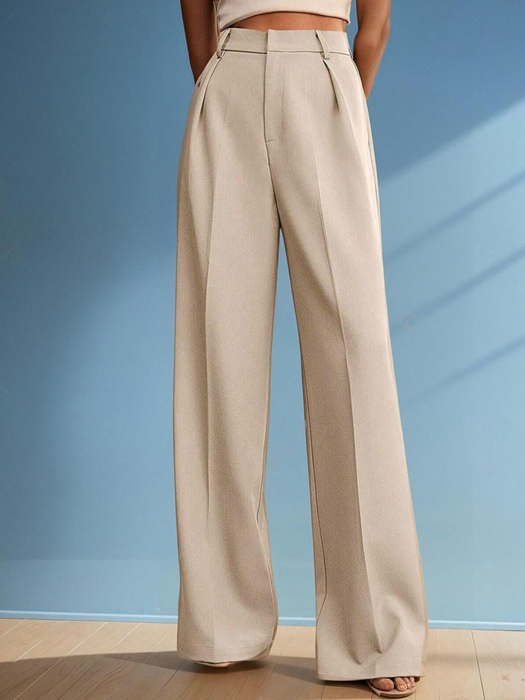 Kotty Women Cotton Straight Fit High-Rise Easy Wash Pleated Trousers