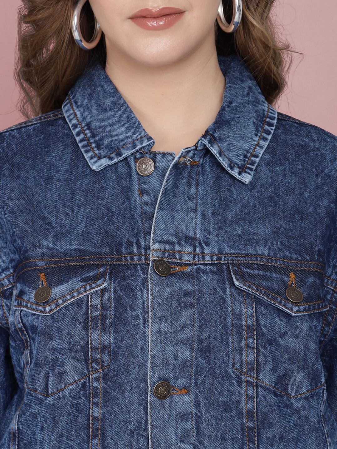 Kotty Women Spread Collar Washed Self Design Cotton Casual Denim Jacket