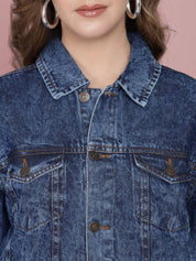Kotty Women Spread Collar Washed Self Design Cotton Casual Denim Jacket