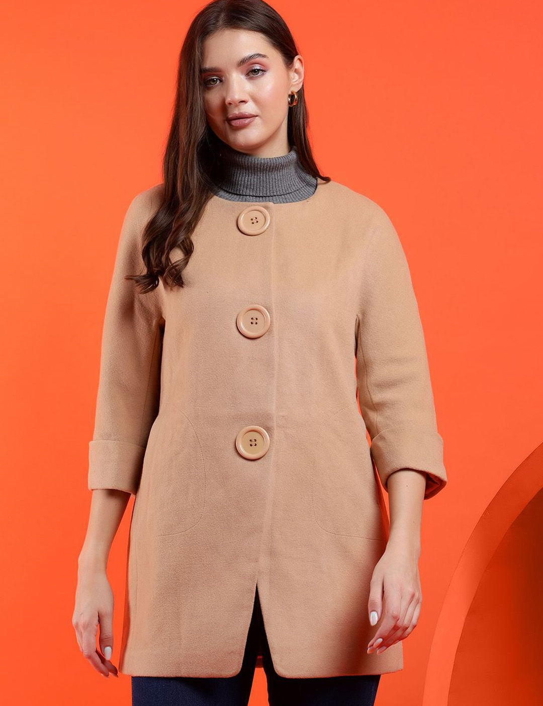 Kotty Band Collar Long Sleeves Overcoat