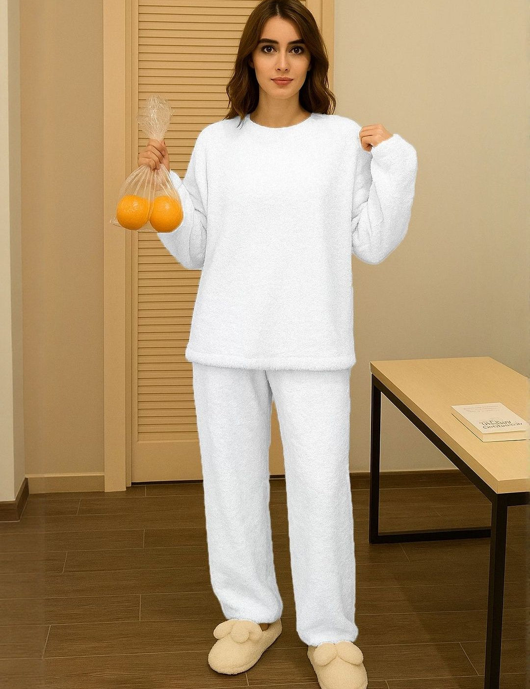 Kotty Women White Round Neck Long Sleeves Sweater & Trousers Co-Ords