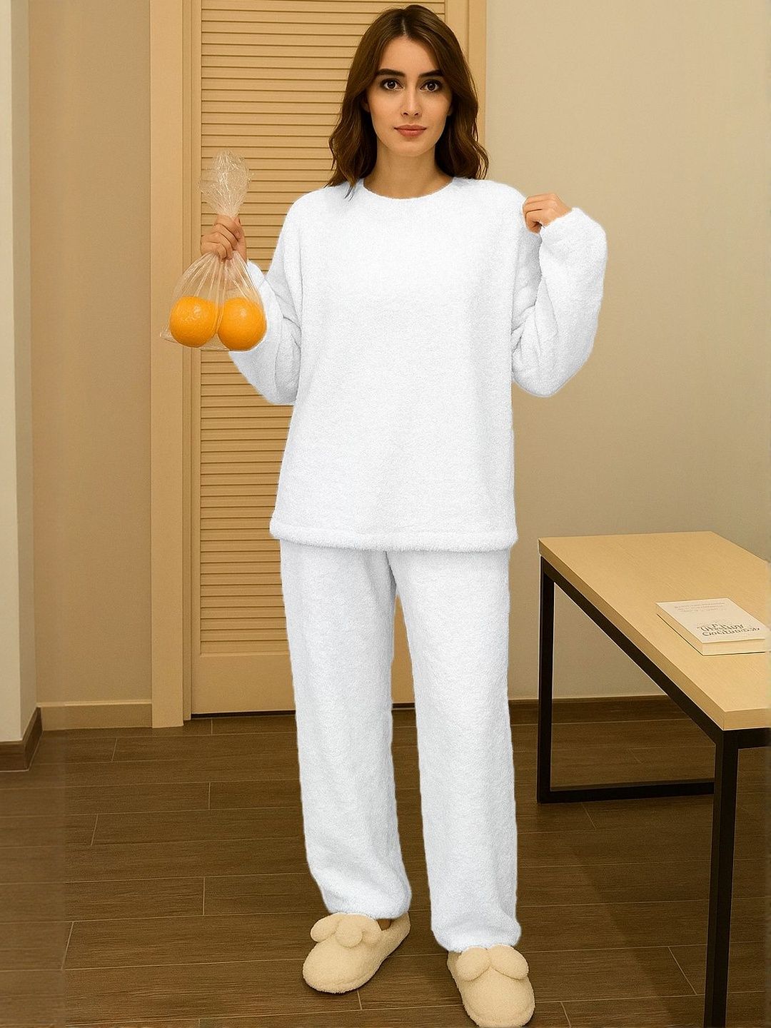 Kotty Women White Round Neck Long Sleeves Sweater & Trousers Co-Ords