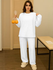 Kotty Women White Round Neck Long Sleeves Sweater & Trousers Co-Ords